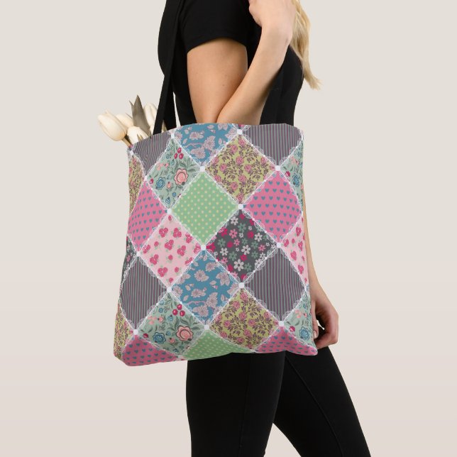 Tote Bag Pastel Floral Quilt Carré (De près)