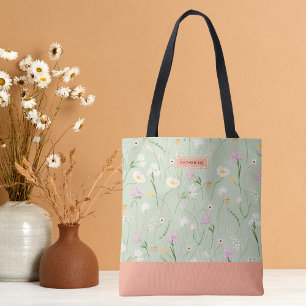 Tote Bag Pastel Green Boho Chic Floral