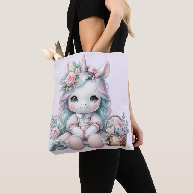 Tote Bag Pastel Kawaii Unicorn Doll with Flower Basket (De près)