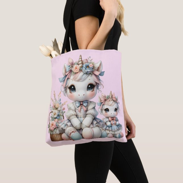 Tote Bag Pastel Kawaii Unicorne Mère Fille Duo Rose (De près)