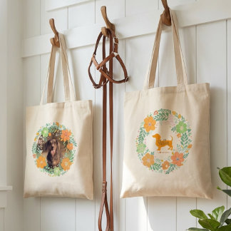 Tote Bag Pastel Orange Dachshund Floral Tote – Custom Photo