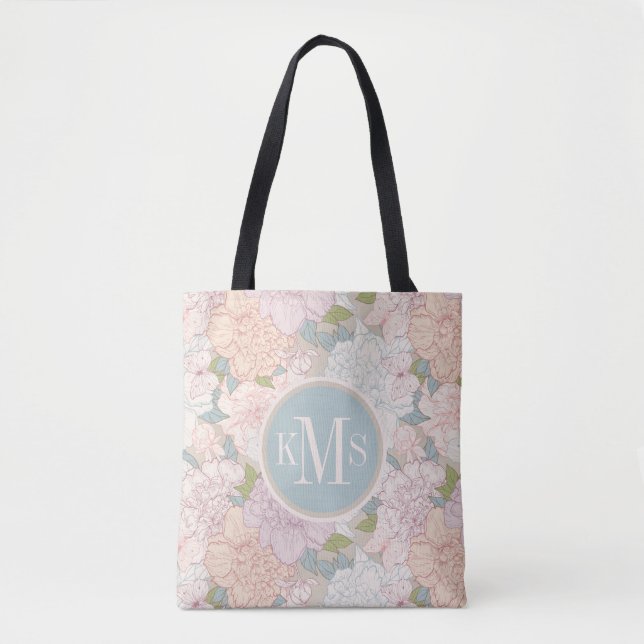 Tote Bag Pastel Peony & Butterfly Flower Motif (Devant)