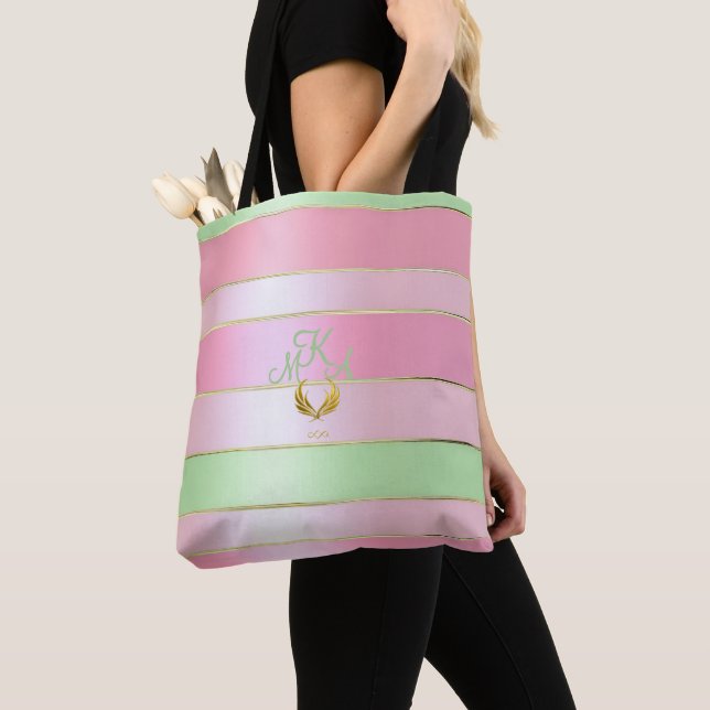 Tote Bag Pastel rose et vert monogrammé élégant  (De près)