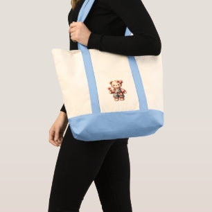 Tote Bag Pastel Teddy Bear Holding Flower Wear Overalls
