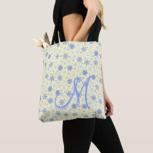 Tote Bag Pastel Yellow Snowflakes Moderne Élégant Monogramm