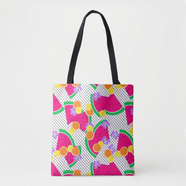 Tote Bag Pastèque rouge citrons jaunes Tropical sur blanc (Devant)
