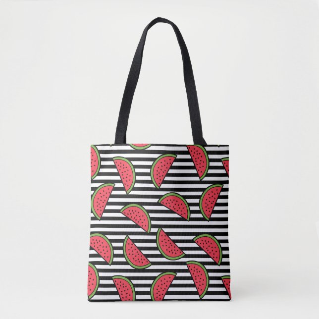 Tote Bag Pastèque sur le motif noir et blanc de rayures (Devant)