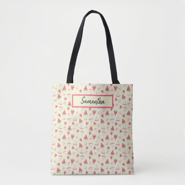 Tote Bag pastèques roses sur Monogramme jaune pâle (Devant)