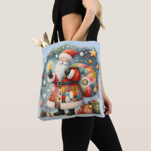 Tote Bag Patchwork à carreaux Père Noël avec étoiles de Noë