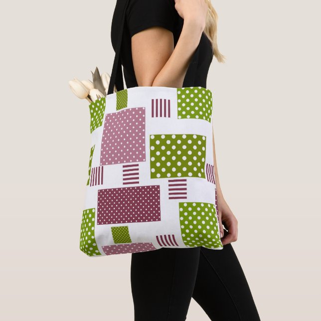Tote Bag Patchwork brun vert pois dos blanc (De près)