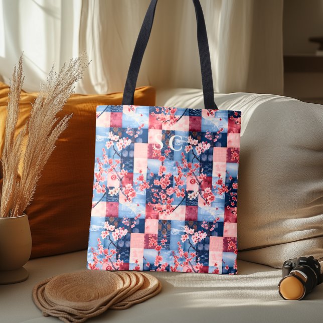 Tote Bag Patchwork de denim et de fleurs avec fleur de ceri (Créateur téléchargé)