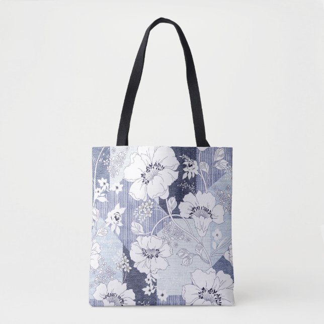 Tote Bag Patchwork de fleur de denim, motif sans soudure. (Devant)