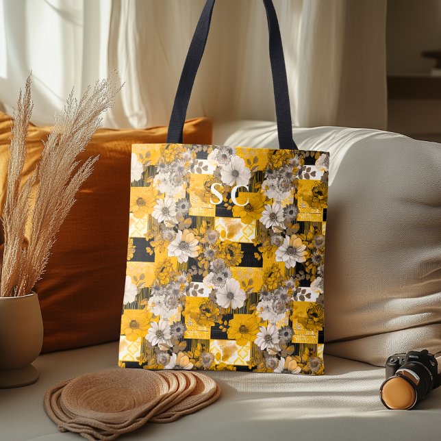 Tote Bag Patchwork Floral Élégant avec Jaune, Gris, Noir (Créateur téléchargé)