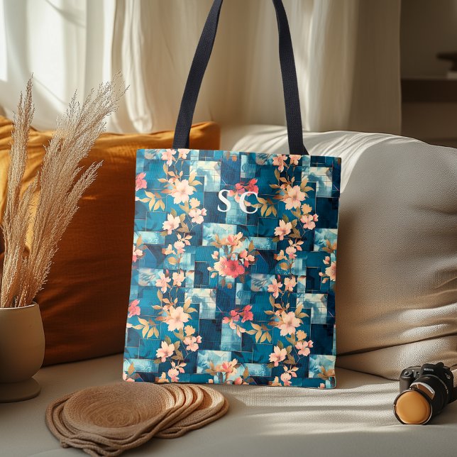 Tote Bag Patchwork Floral & Géométrique avec Fleurs de Ceri (Créateur téléchargé)