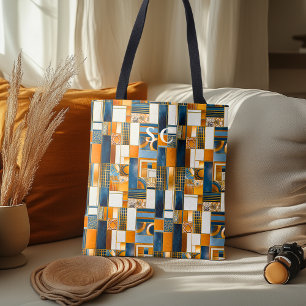 Tote Bag Patchwork géométrique automnal avec orange et bleu