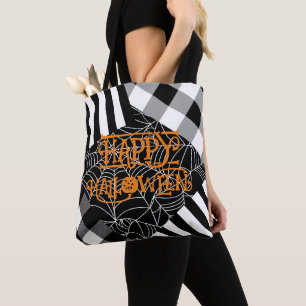 Tote Bag Patchwork Halloween toile d'araignée noir et blanc
