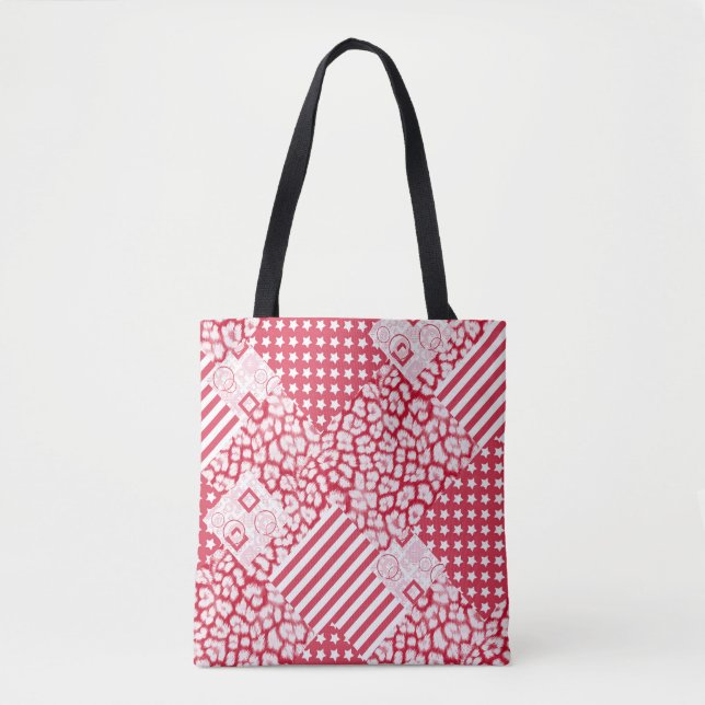Tote Bag Patchwork rouge et blanc rustique (Devant)