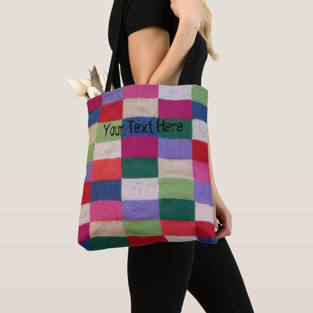Tote Bag patchwork tricoté par cru coloré rétro (De près)