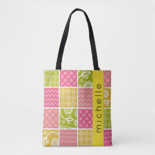 Tote Bag Patchwork, Zigzag, Pois, En vichy, Votre Nom