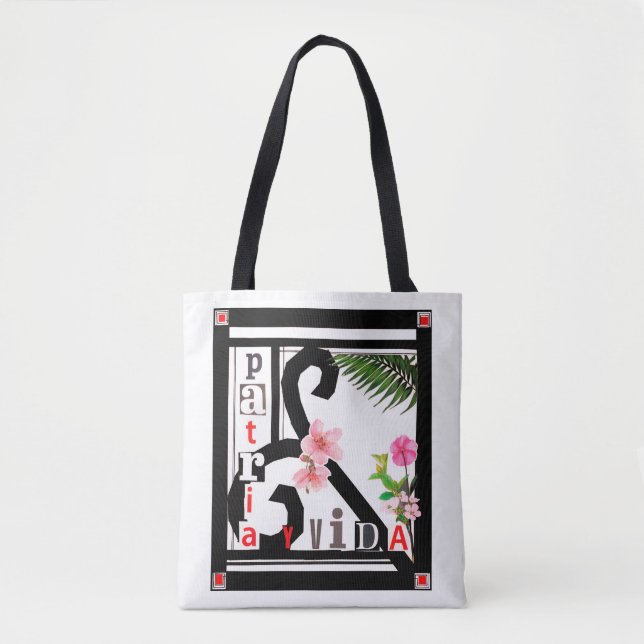Tote Bag Patria y Vida Black Frame Fleurs roses (Devant)