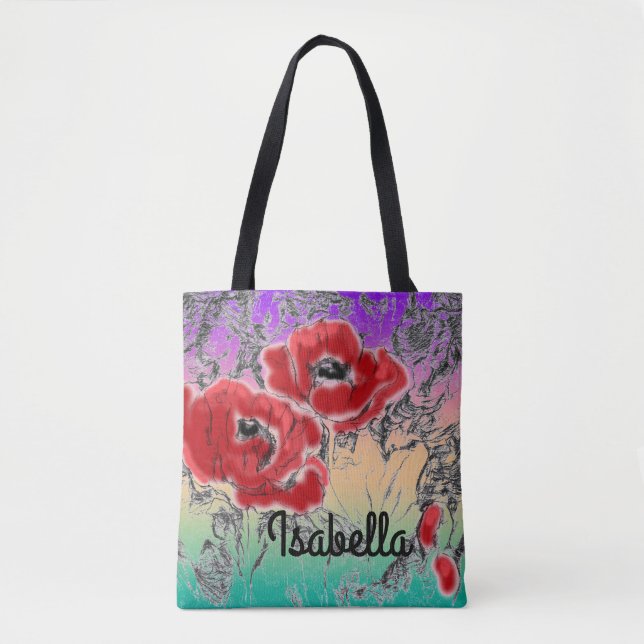 Tote Bag Pavot à fleurs rouges noires grises croisées (Devant)