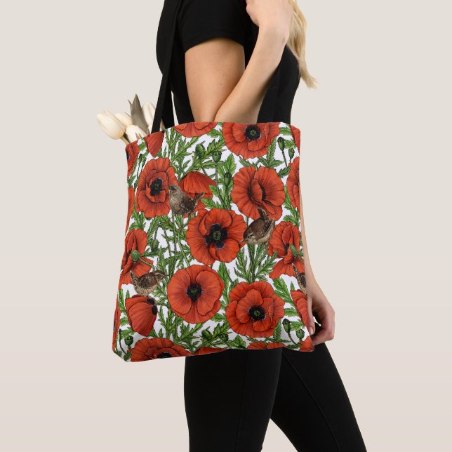 Tote Bag Pavot rouge et brindilles, feuilles verts sur blan (De près)