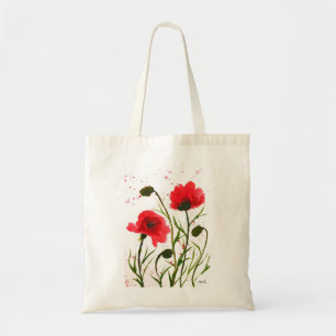 Tote Bag Pavot rouge fleurs aquarelle nature rustique pavot