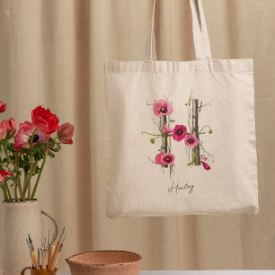 Tote Bag Pavots Élégants Lettre 'H' Monogramme Nom Personna