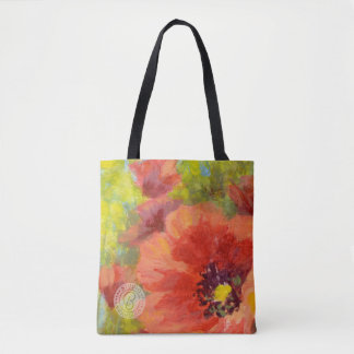 Tote Bag Pavots rouges grands avec des verts jaunes