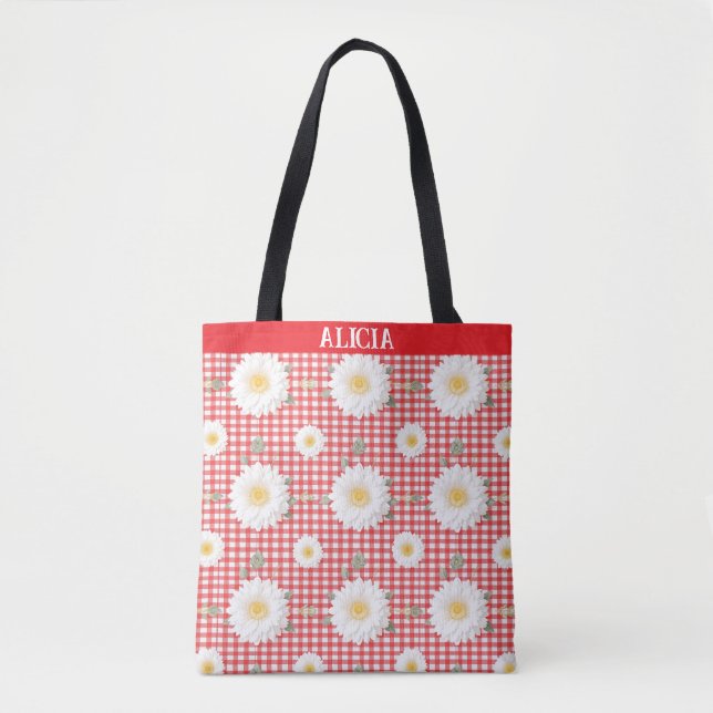 Tote Bag Pays En vichy rouge avec fleurs blanches (Devant)