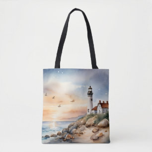 Tote Bag Paysage côtier paisible Phare d'aquarelle