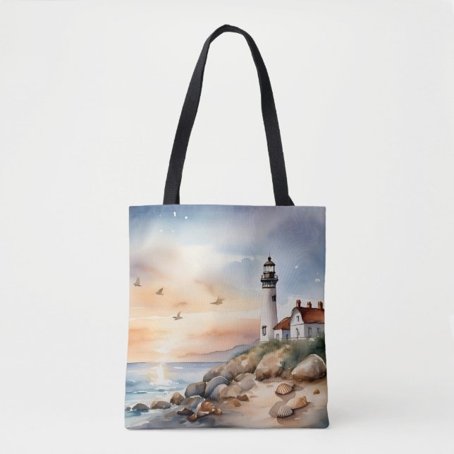 Tote Bag Paysage côtier paisible Phare d'aquarelle (Devant)