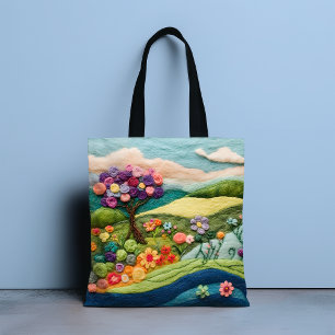 Tote Bag Paysage de campagne floral coloré en fausse feutri
