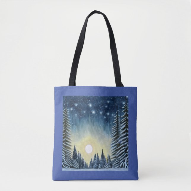Tote Bag Paysage De Neige À feuillage persistant Lune Sous  (Devant)