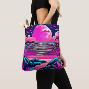 Tote Bag Paysage de plage néon Lune Rose