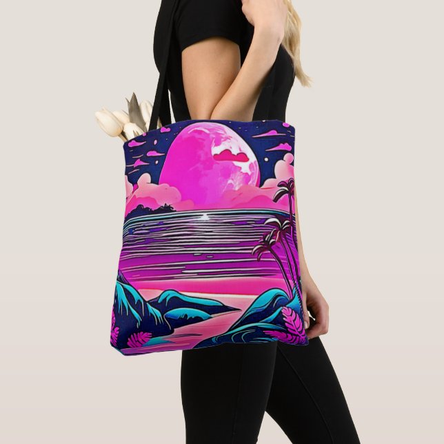 Tote Bag Paysage de plage néon Lune Rose (De près)