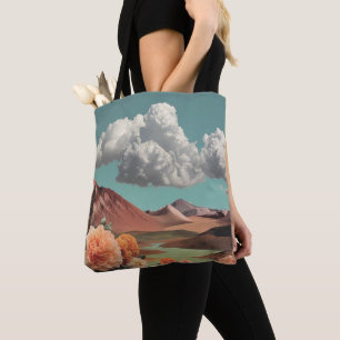 Tote Bag Paysage Montagnard Floral Surréaliste Avec Nuages