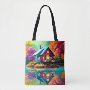 Tote Bag Paysage naturel avec lac, chalet, automne