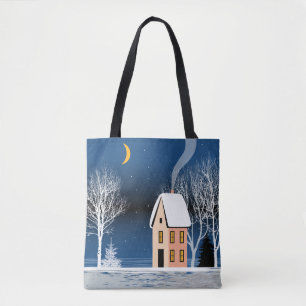 Tote Bag Paysage nocturne d'hiver. Maison cosy, divers arbr