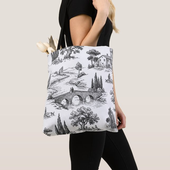 Tote Bag Paysage Toile de Jouy art  (De près)
