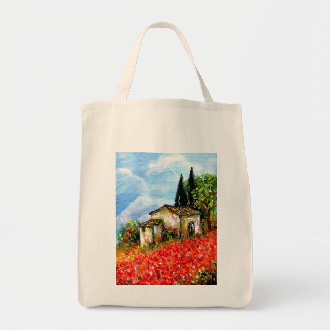 Tote Bag PAYSAGE TOSCANE Champs de fleurs rouges (Devant)