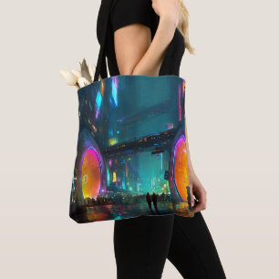 Tote Bag Paysage urbain cyberpunk vibrant avec des arches