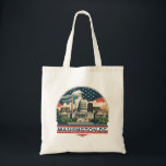 Tote Bag Paysage urbain de Washington DC<br><div class="desc">Montrez votre amour pour la capitale de la nation avec ce design audacieux de style vintage sur Washington D.C. Présentant l'emblématique bâtiment du Capitole des États-Unis, le Monument de Washington et un soleil rayonnant dans une palette rétro Américaine, cette œuvre d'art mélange histoire et style. Parfait pour les cadeaux patriotiques,...</div>
