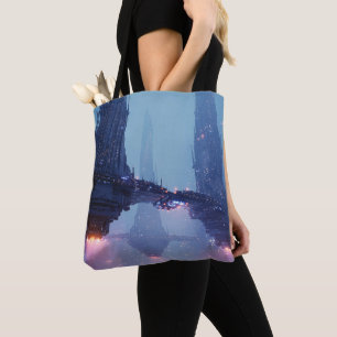 Tote Bag Paysage urbain futuriste avec des structures flott