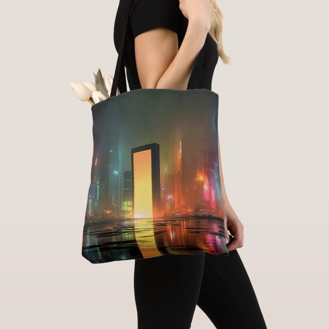Tote Bag Paysage urbain futuriste avec reflets néon (De près)