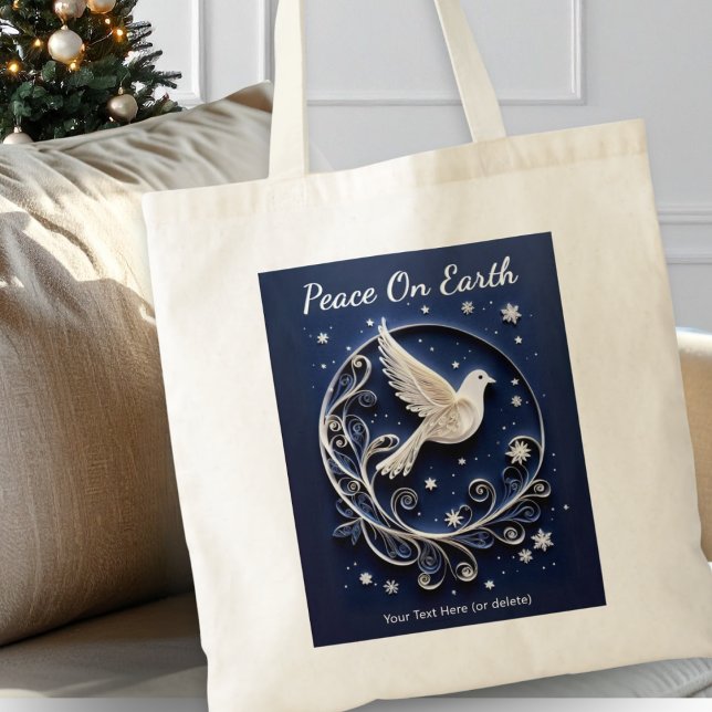Tote Bag Peace Dove White Dark Blue Stars Noël (A festive Christmas tote bag with Dove of Peace design in a faux papercraft style on navy blue)