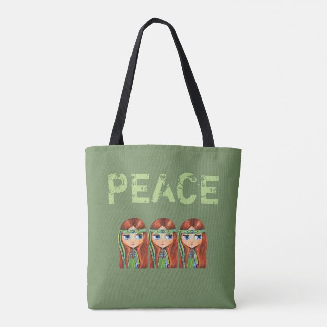 Tote Bag Peace Hippie Girl Chick in Green Headband 1960 (Dos)