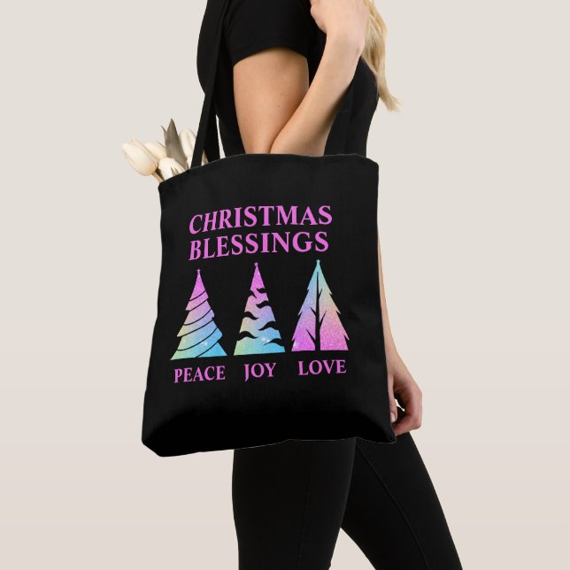 Tote Bag Peace Joy Love Christmas Trees Customable Text (De près)