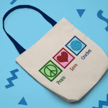 Tote Bag Peace Love Crochet mignon Monogram Crafting<br><div class="desc">Peace Love Crochet : Un joli cadeau au crochet avec un signe de paix,  coeur,  fil et aiguille. Joli crocheter cadeau de Noël pour une fille qui aime crocheter comme un hobby.</div>