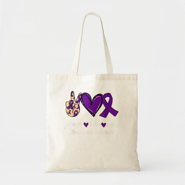 Tote Bag Peace Love Cure Arachnoiditis Purple Ribbon Award (Devant)